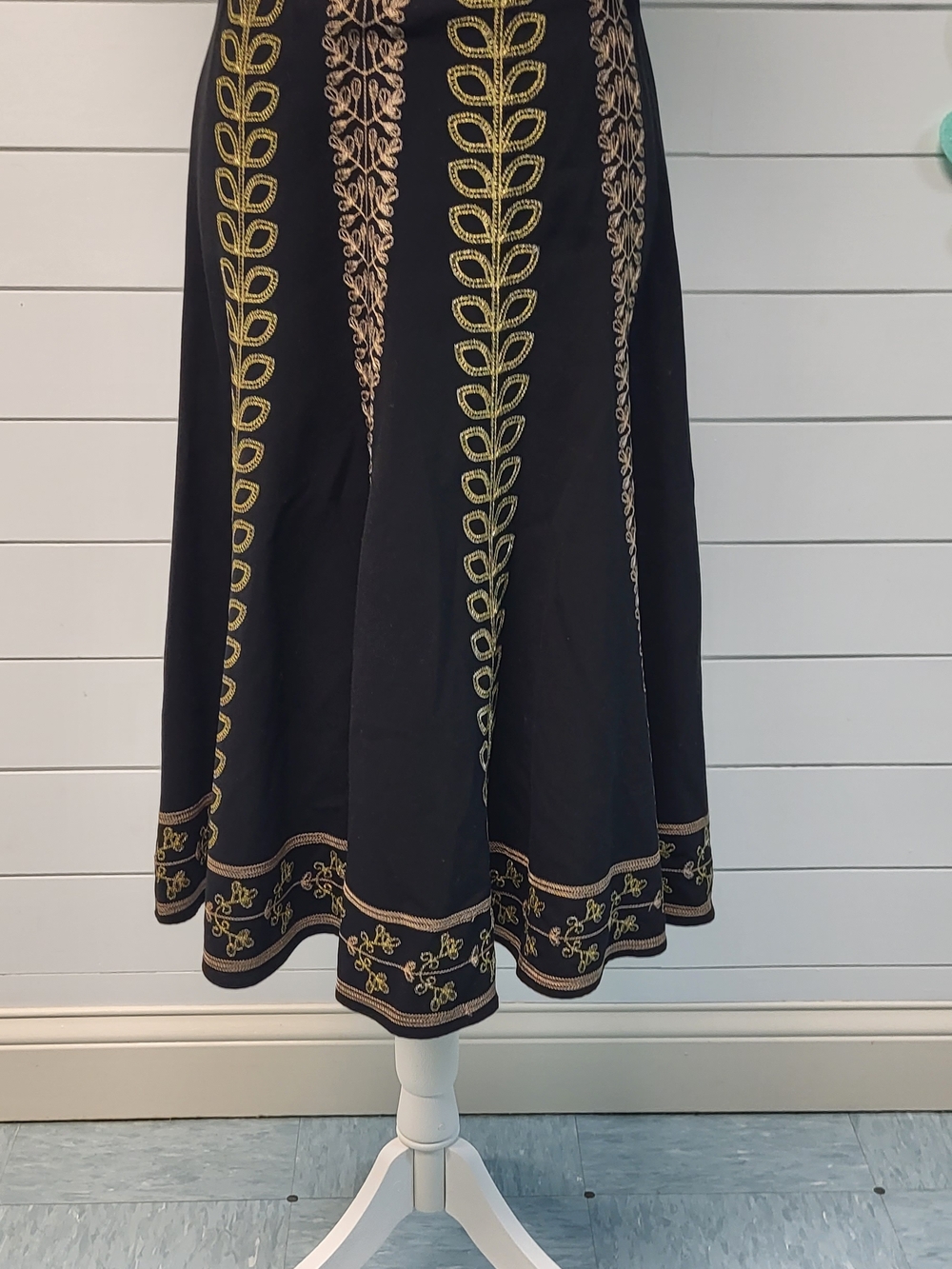 Vintage Sunny Leigh Black A-Line Midi Skirt with Gold Embroidered Vine Panels